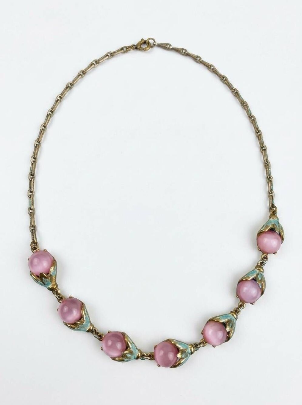 🔹️Vintage 1950s Pink Moonglow Thermoset Tulip Flower Link Choker Necklace